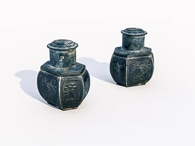Two Black Hexagonal Jars With Intricate Carved Patterns On White Background 3d model