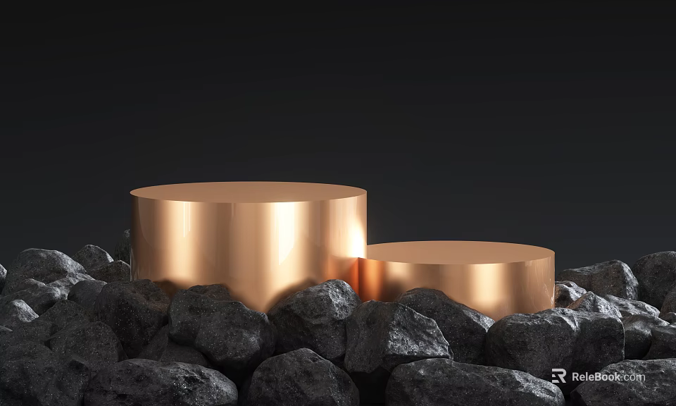 Stylish Copper Cylindrical Display Stands for Product Display with Black Stones 3d model 