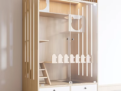 Wooden Pet Cat Cabinet With Glass Door Shelves And Cat Shaped Decor 3d model