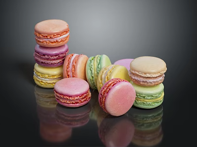 Colorful Macarons Stacked And Scattered On Dark Background With Vibrant Hues 3d model