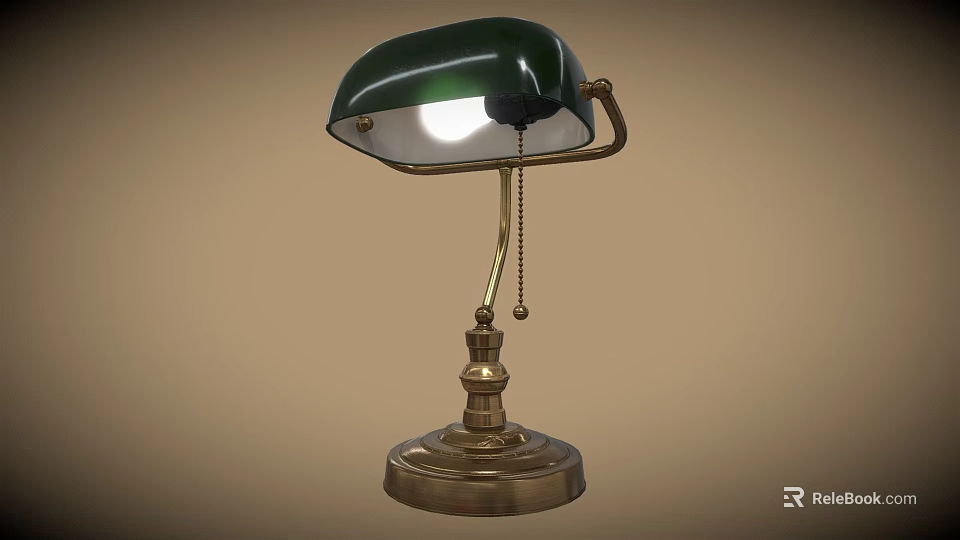 Green Shade Table Lamp Furniture With Brass Base And Chain Switch 3d model 