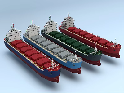 Four Different Colored Cargo Ships Arranged In Row With Red Blue Green Hulls 3d model