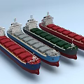 Four Different Colored Cargo Ships Arranged In Row With Red Blue Green Hulls