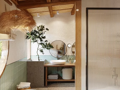 Serene Bathroom Interior With Wooden Ceiling Rattan Pendant Light Green Plant Round Mirror And White Sink 3d model