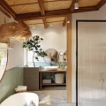 Serene Bathroom Interior With Wooden Ceiling Rattan Pendant Light Green Plant Round Mirror And White Sink