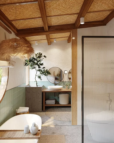 Serene Bathroom Interior With Wooden Ceiling Rattan Pendant Light Green Plant Round Mirror And White Sink 3d model