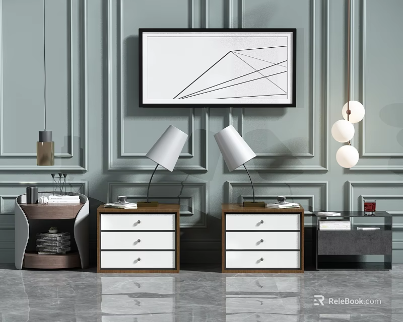 Elegant Modern Bedside Tables With Table Lamps Wall Art And Drawer Designs 3d model 