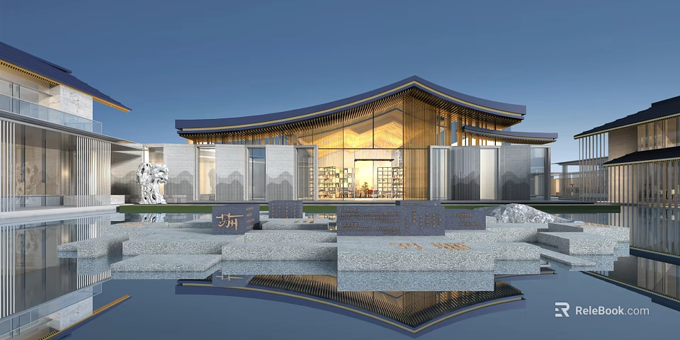 Modern Hotel Building With Unique Curved Roof Glass Facade And Water Pool Reflection 3d model 