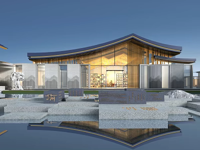 Modern Hotel Building With Unique Curved Roof Glass Facade And Water Pool Reflection 3d model