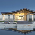 Modern Hotel Building With Unique Curved Roof Glass Facade And Water Pool Reflection