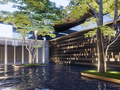 Modern Courtyard Feature Wall With Black Square Patterns Illuminated Trees And Water Pool 3d model