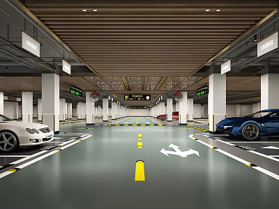 Modern Parking Garage Interior With Well Lit Spaces Directional Arrows And Parked Cars 3d model