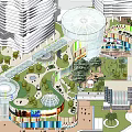 Modern Commercial Complex With White Curved High Rise Buildings Colorful Facilities And Palm Trees