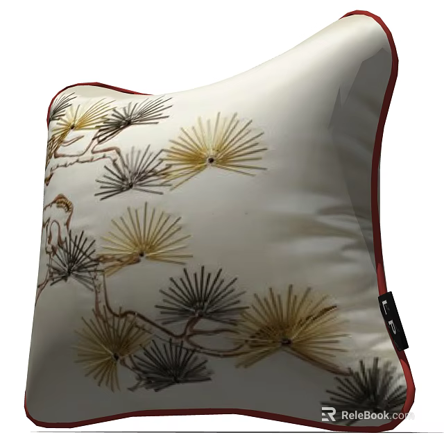 Elegant Embroidered Decorative Pillow With Pine Needle Pattern White Base Red Trim 3d model 