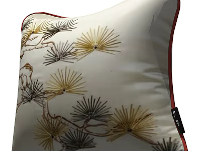 Elegant Embroidered Decorative Pillow With Pine Needle Pattern White Base Red Trim 3d model