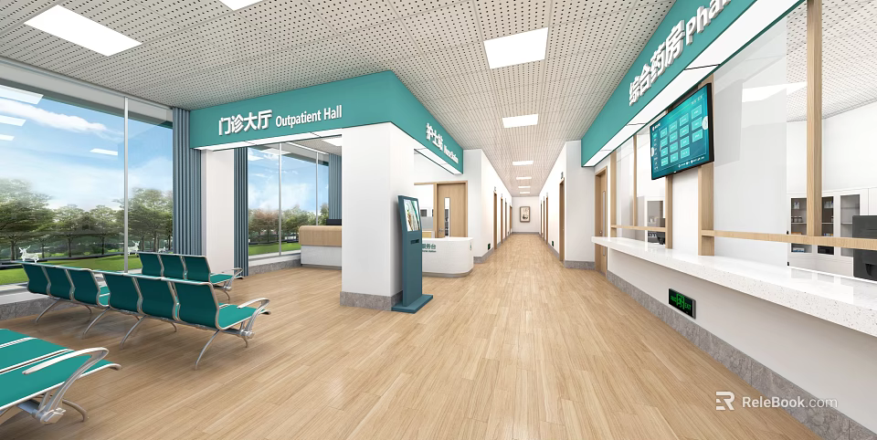 Modern Outpatient Hall Interior With Green Waiting Chairs Reception Desk And Digital Screens 3d model 