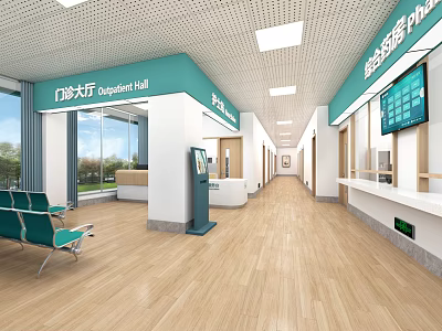 Modern Outpatient Hall Interior With Green Waiting Chairs Reception Desk And Digital Screens 3d model