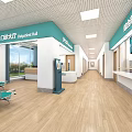 Modern Outpatient Hall Interior With Green Waiting Chairs Reception Desk And Digital Screens
