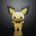 Yellow Plush Toy with Black Ears and Pink Cheeks in Standing Pose on Reflective Background