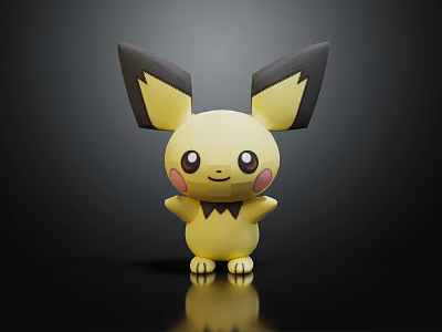 Yellow Plush Toy with Black Ears and Pink Cheeks in Standing Pose on Reflective Background 3d model