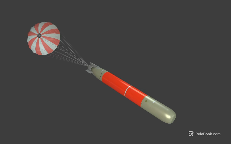 Military Weapon With Red And White Parachute Orange Gray Body And Metal Components 3d model 