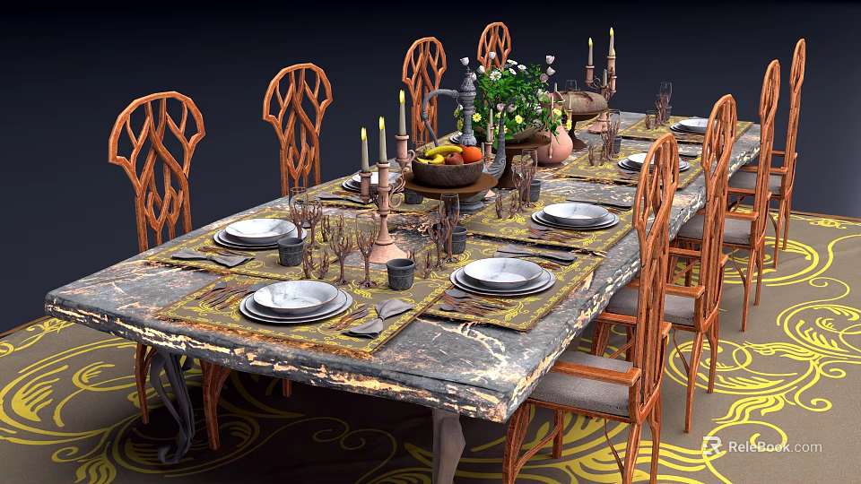 Dining Table Set with Carved Chairs Tableware Candle Holders Fruit Bowl and Green Plants 3d model 