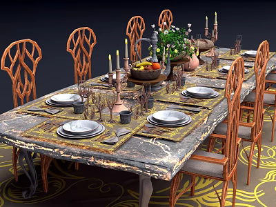 Dining Table Set with Carved Chairs Tableware Candle Holders Fruit Bowl and Green Plants 3d model