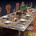 Dining Table Set with Carved Chairs Tableware Candle Holders Fruit Bowl and Green Plants