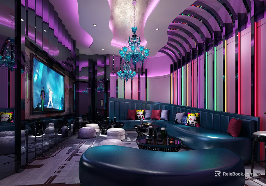 Luxurious KTV Lounge With Purple Pink Lighting Large Screen Blue Sofas And Colorful Striped Walls 3d model 