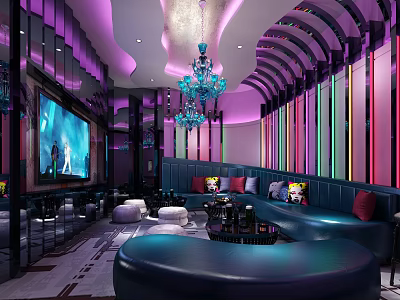 Luxurious KTV Lounge With Purple Pink Lighting Large Screen Blue Sofas And Colorful Striped Walls 3d model