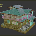 Traditional Multi Level House With Green Roof Stone Walls And Wooden Balconies