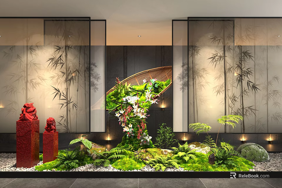 Chinese Style Feature Wall With Bamboo Pattern Screen Red Sculptures And Lush Greenery 3d model 