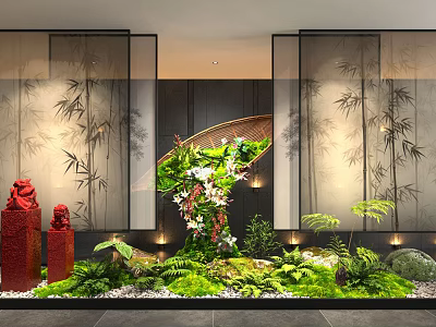 Chinese Style Feature Wall With Bamboo Pattern Screen Red Sculptures And Lush Greenery 3d model