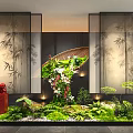 Chinese Style Feature Wall With Bamboo Pattern Screen Red Sculptures And Lush Greenery 3d model