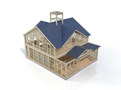 Single Family House Wooden Frame Structure With Blue Roof And Open Porch Design 3d model