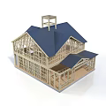 Single Family House Wooden Frame Structure With Blue Roof And Open Porch Design