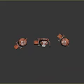 Three Red And Silver Concrete Mixers With Wheels And Orange Parts On Dark Reflective Surface
