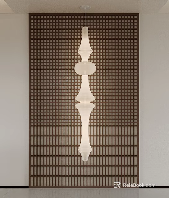 White Modern Minimalist Chandelier With Multiple Circular And Cylindrical Structures Against Brown Grid Patterned Screen 3d model