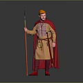 Man in Traditional Brown Tunic Red Pants Wearing Orange Hat Red Cape With Spear