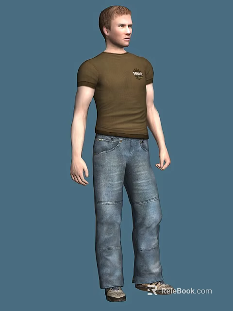 Realistic 3D Game Character in Brown T-shirt and Blue Jeans Standing on Blue Background 3d model 