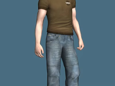 Realistic 3D Game Character in Brown T-shirt and Blue Jeans Standing on Blue Background 3d model