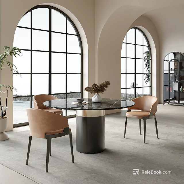 Modern Round Dining Table Set with Beige Chairs Black Base and Arched Windows Indoor Plants 3d model 