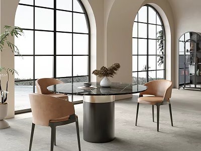 Modern Round Dining Table Set with Beige Chairs Black Base and Arched Windows Indoor Plants 3d model