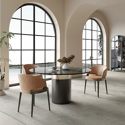 Modern Round Dining Table Set with Beige Chairs Black Base and Arched Windows Indoor Plants 3d model