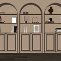 Elegant Three Arch Beige Wine Cabinet With Open Shelves And Decorative Lighting