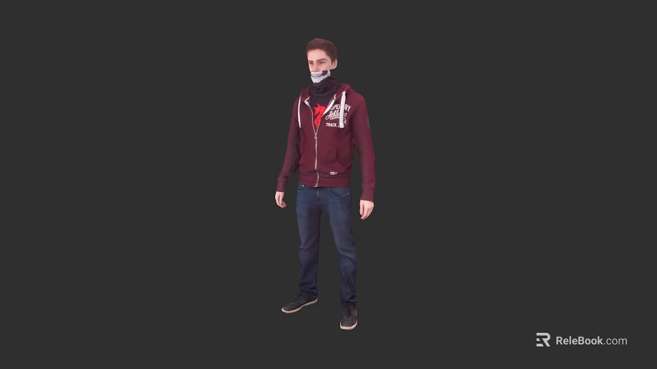 A Man Wearing Maroon Hoodie Blue Jeans And Black Shoes Against Dark Background 3d model 