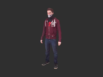 A Man Wearing Maroon Hoodie Blue Jeans And Black Shoes Against Dark Background 3d model