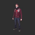 A Man Wearing Maroon Hoodie Blue Jeans And Black Shoes Against Dark Background