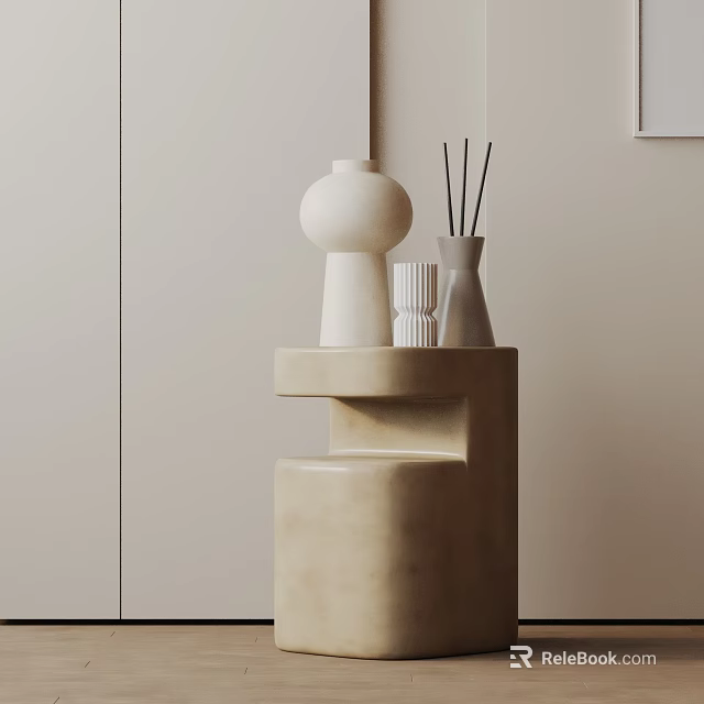 Elegant Modern Side Table In Beige Concrete With Decorative Vases And Aromatic Diffuser 3d model 