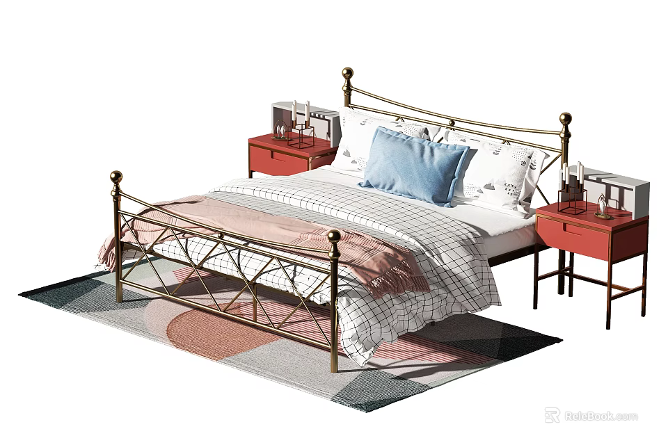 Double Bed With Golden Metal Frame Striped Bedspread Blue Pillow Red Nightstands And Colorful Rug 3d model 